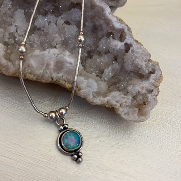 Opal Set Sterling Silver Marked 925 Pendant Beaded Bohemian Necklace - Picture 2 of 9